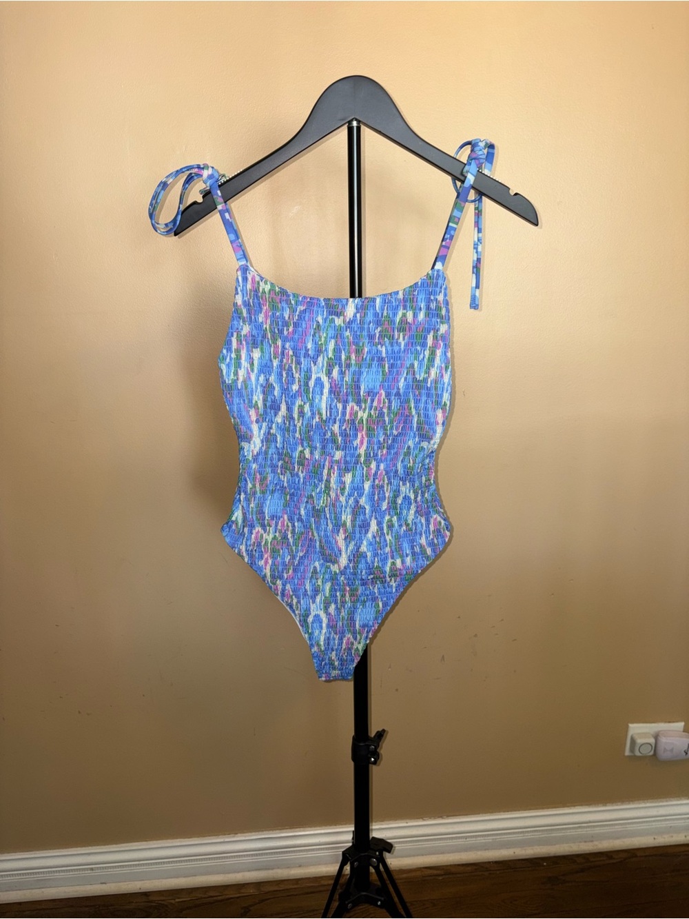 Blue Multicolor womens One-Piece Swimsuit with Tie Straps